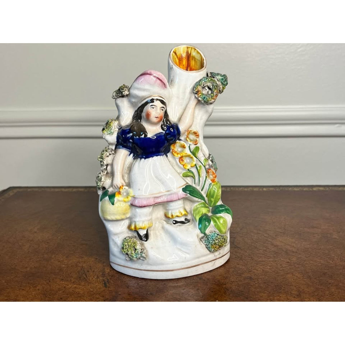 Antique 19th Century Staffordshire Girl Shepherdess & Sheep Spill Vase