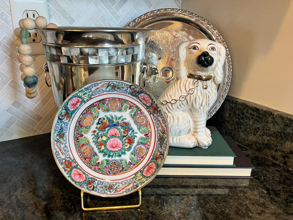 Rose Medallion Famille Rose Porcelain Bowl, Chinoiserie Floral Gilt Dish (7.5 Inch)