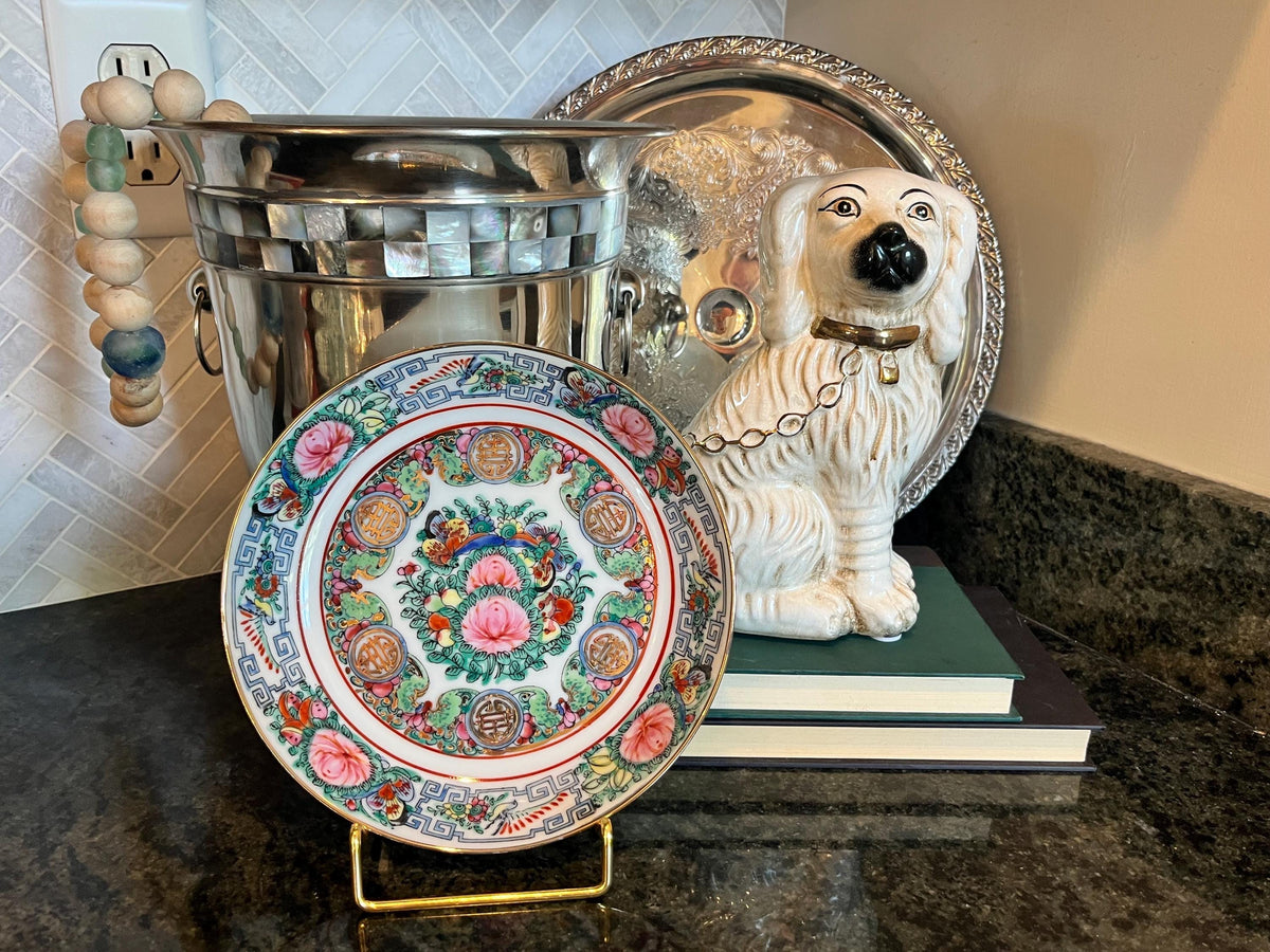 Rose Medallion Famille Rose Porcelain Bowl, Chinoiserie Floral Gilt Dish (7.5 Inch)
