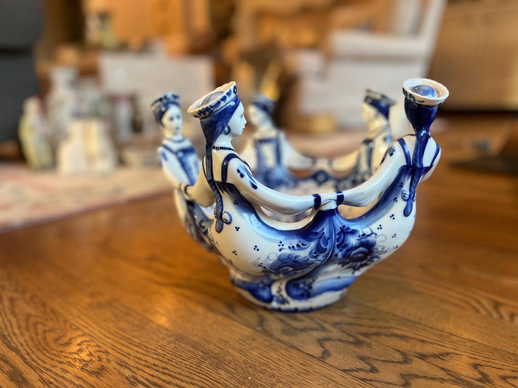 Vintage Russian Gzhel Porcelain Bowl | Hand-Painted Dancing Women, Blue Floral (12 Inch)