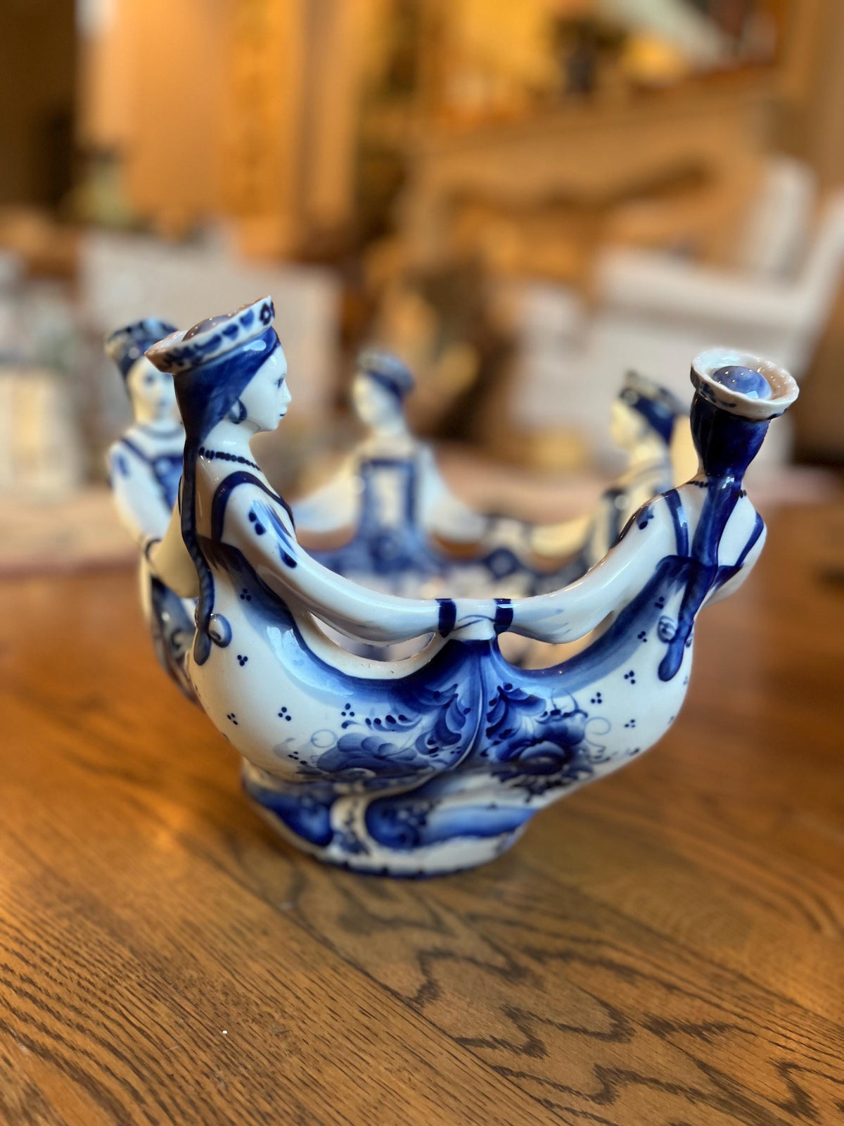 Vintage Russian Gzhel Porcelain Bowl | Hand-Painted Dancing Women, Blue Floral (12 Inch)