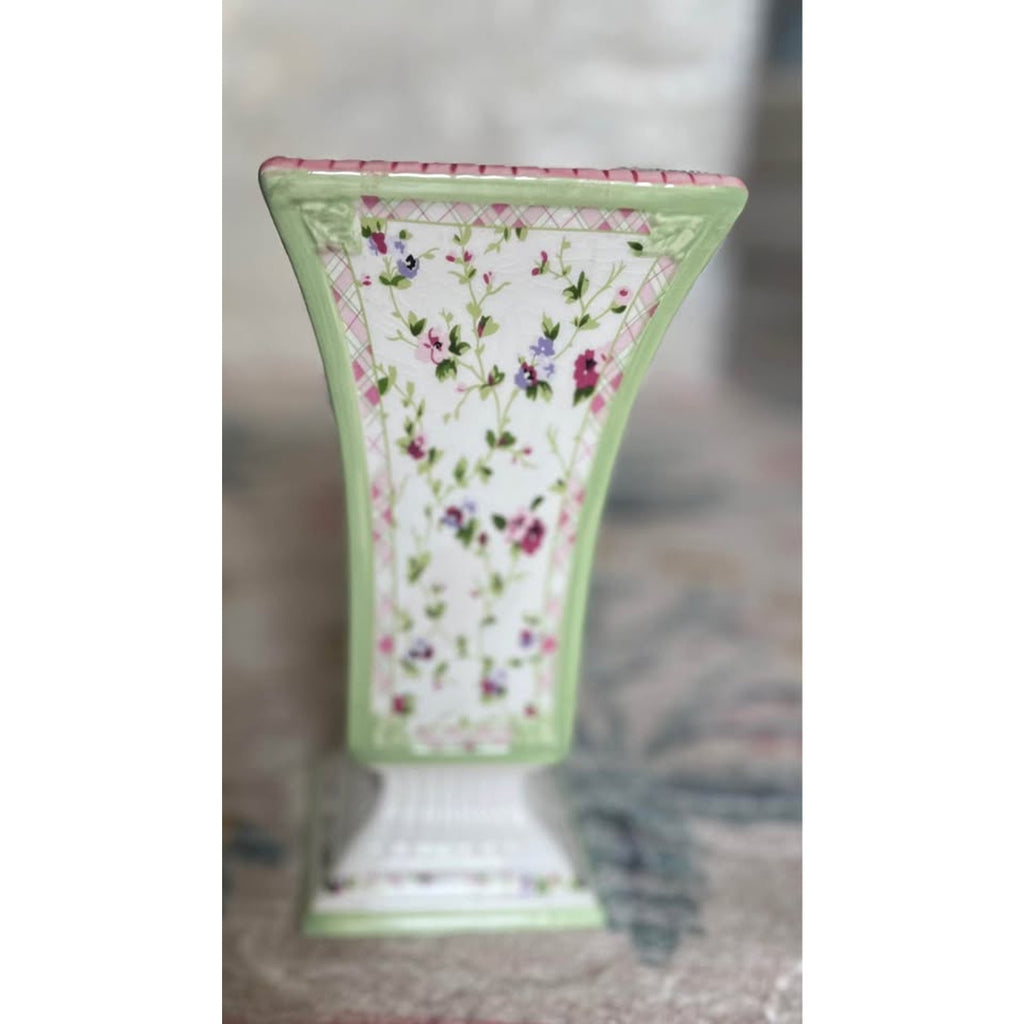 Vintage Style Painted Floral Ceramic Pink & Green Cottage Vase