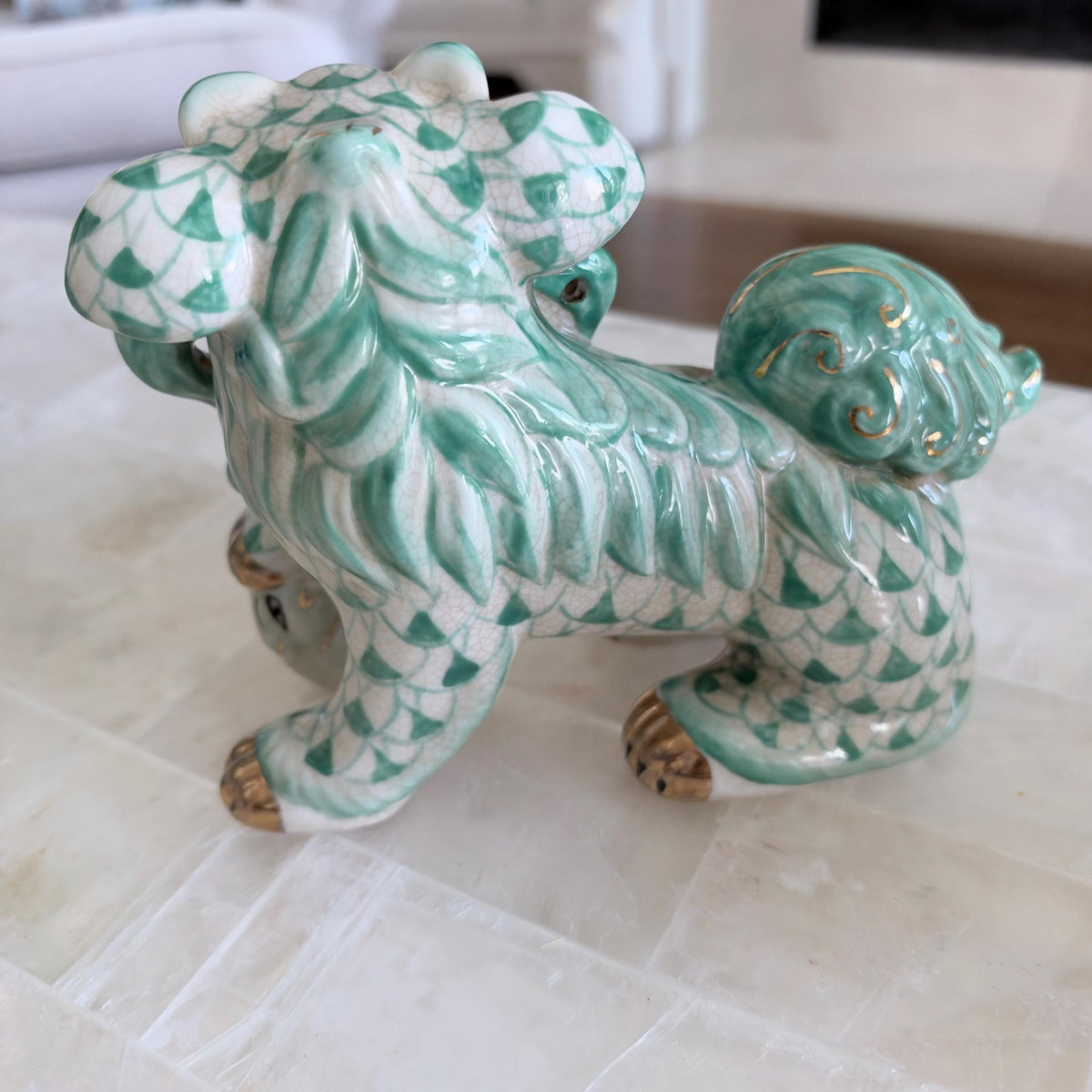 Teal and White Fishnet Fishscale Chinese Porcelain Foo Dog Figurine Pair Bookends