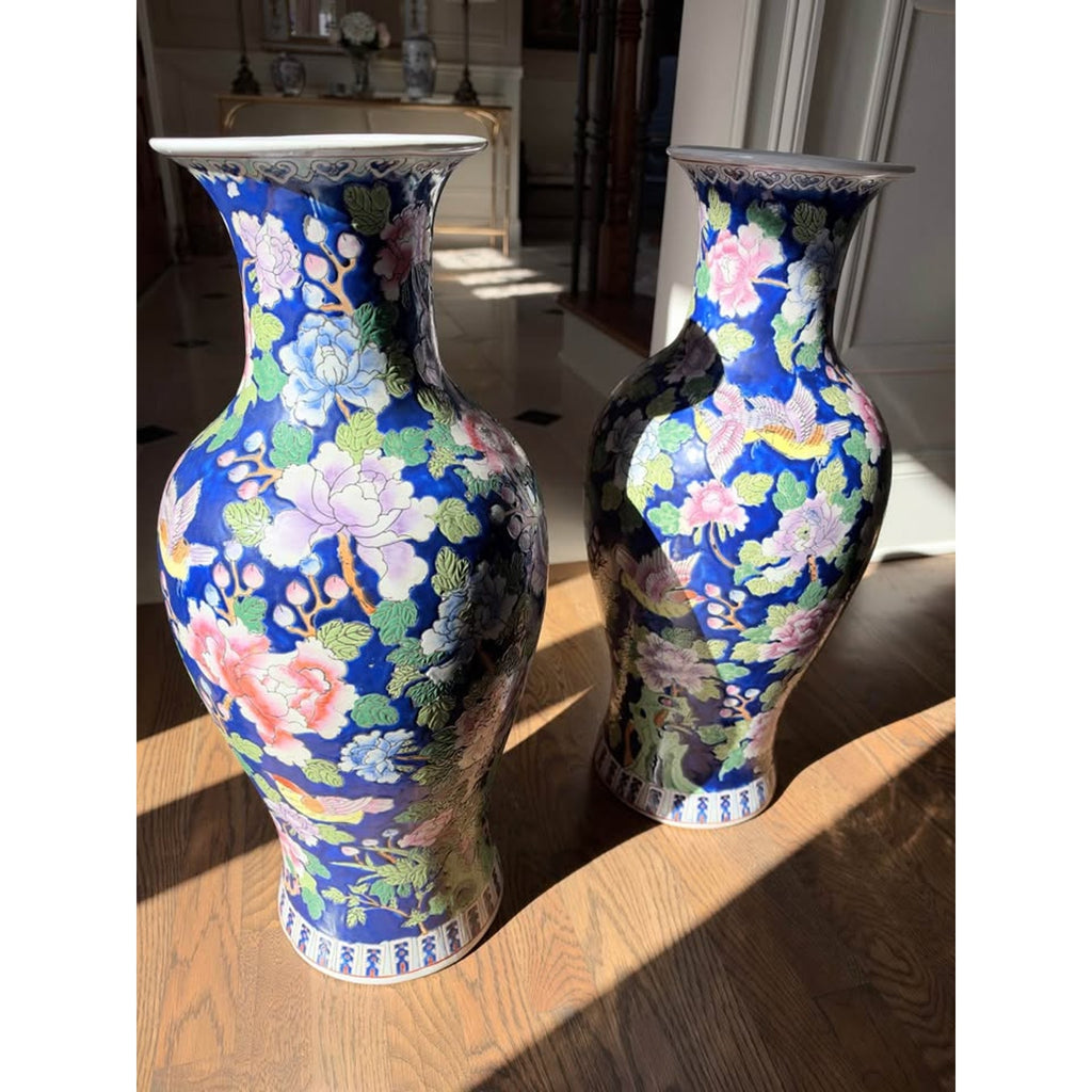 Pair of Chinese Cobalt Blue Porcelain Peony Bird Motif Fishtail Vases 25 inch