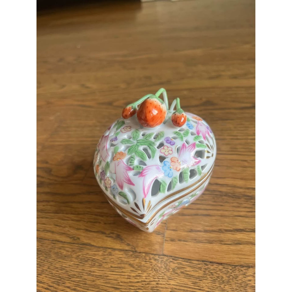 Sweet Porcelain Strawberry Heart Trinket Dish / Covered Box