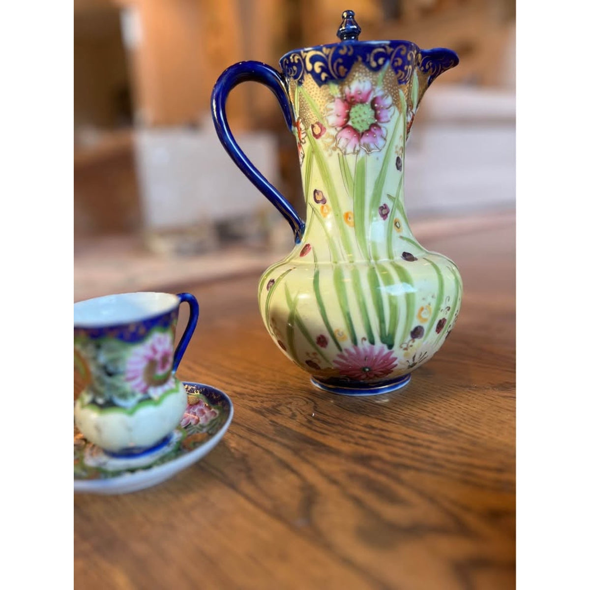Nippon Hand Painted Cobalt Blue & Pink Flowers Pitcher with Three Cup & Saucers