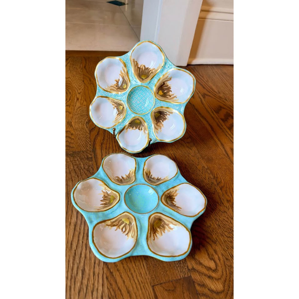 Pair Hand-Painted Oyster Plates – Aqua, Blush & Gold – 9”
