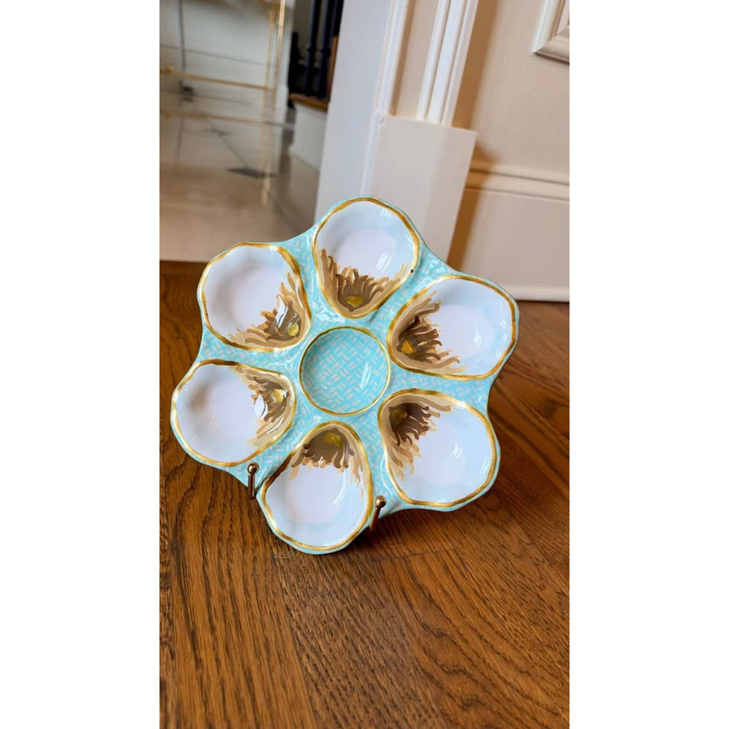 Pair Hand-Painted Oyster Plates – Aqua, Blush & Gold – 9”