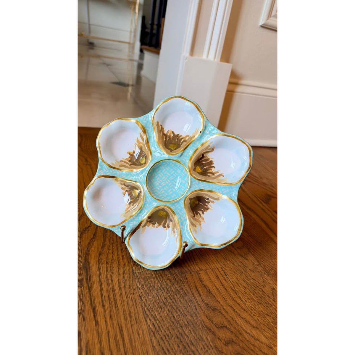 Pair Hand-Painted Oyster Plates – Aqua, Blush & Gold – 9”