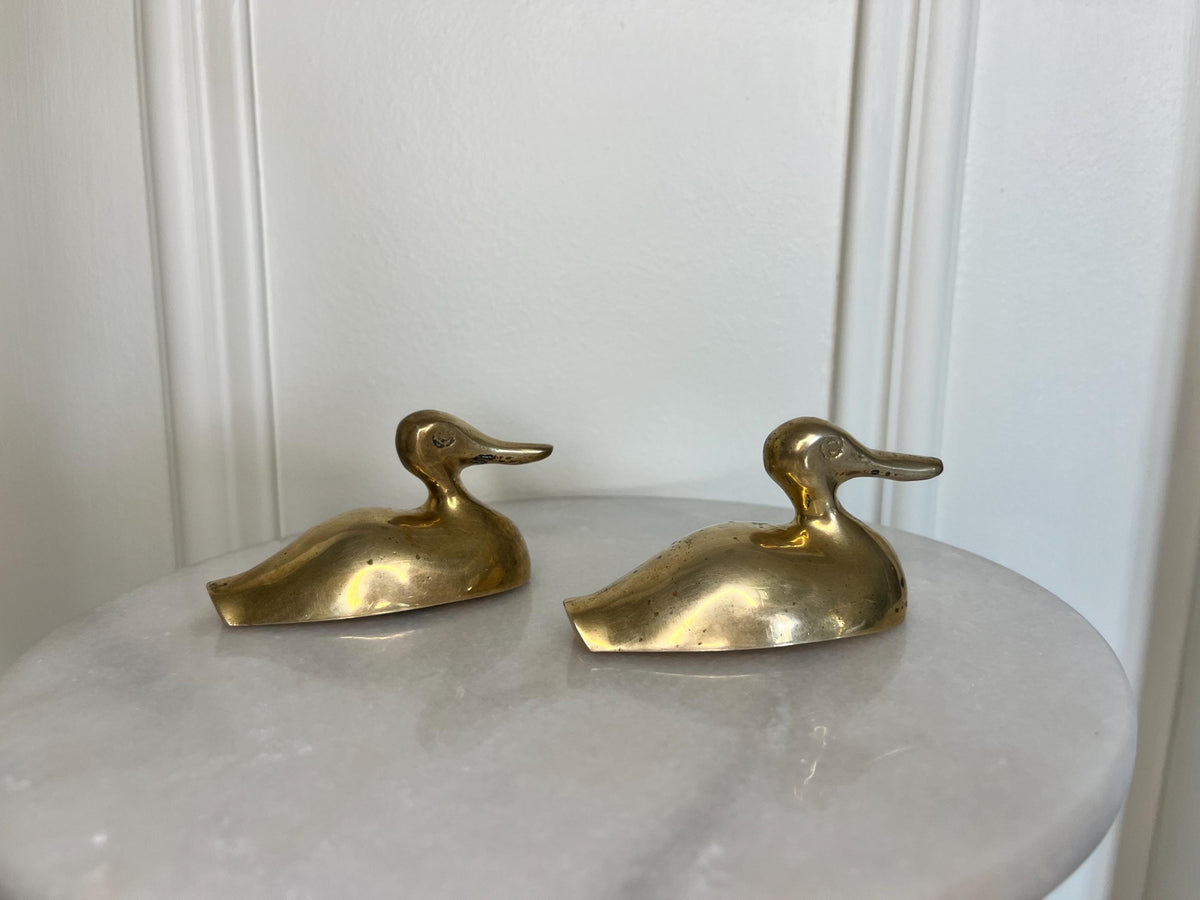 Aged Brass Duck Figurines Pair | Vintage Animal Decor (4.5" Long)