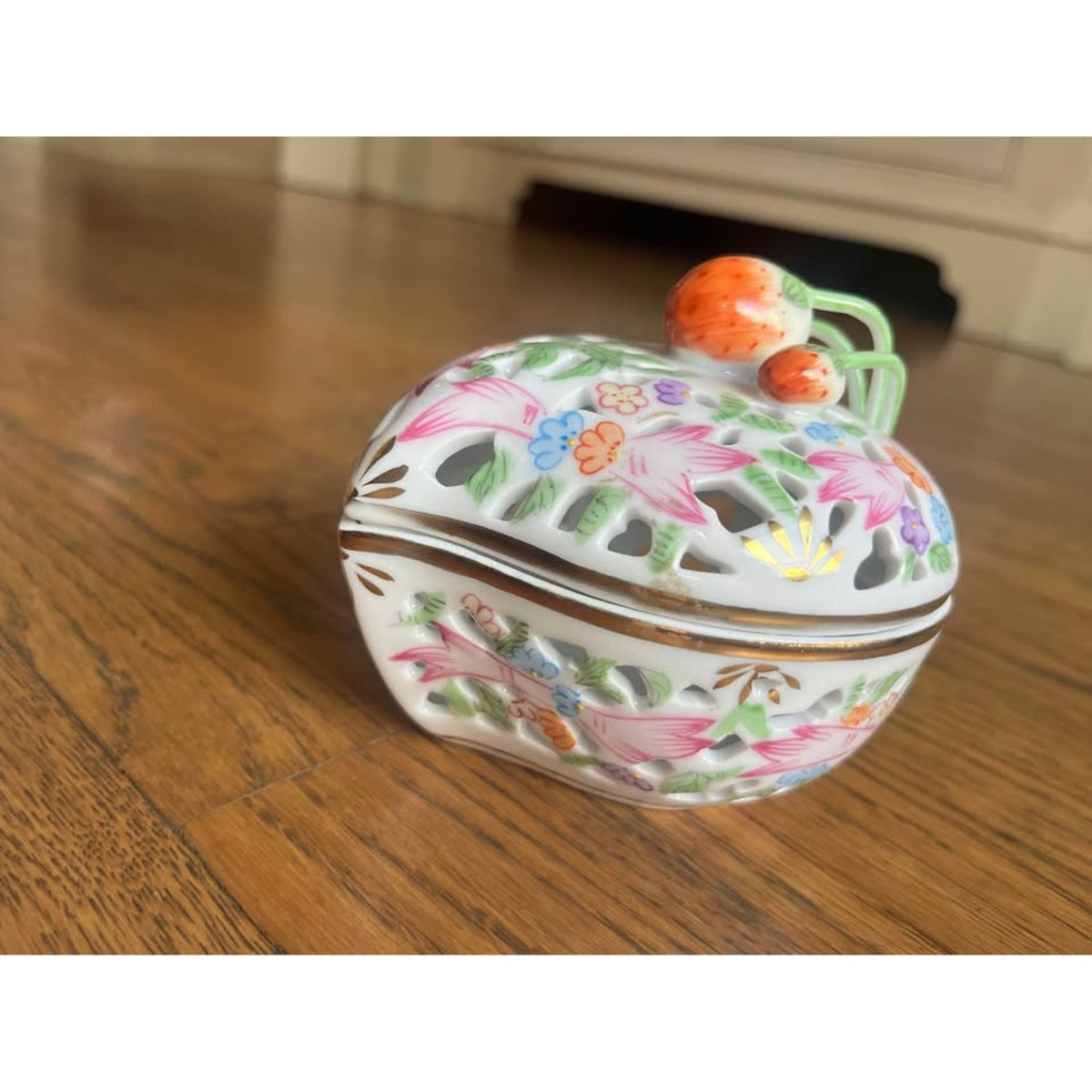 Sweet Porcelain Strawberry Heart Trinket Dish / Covered Box