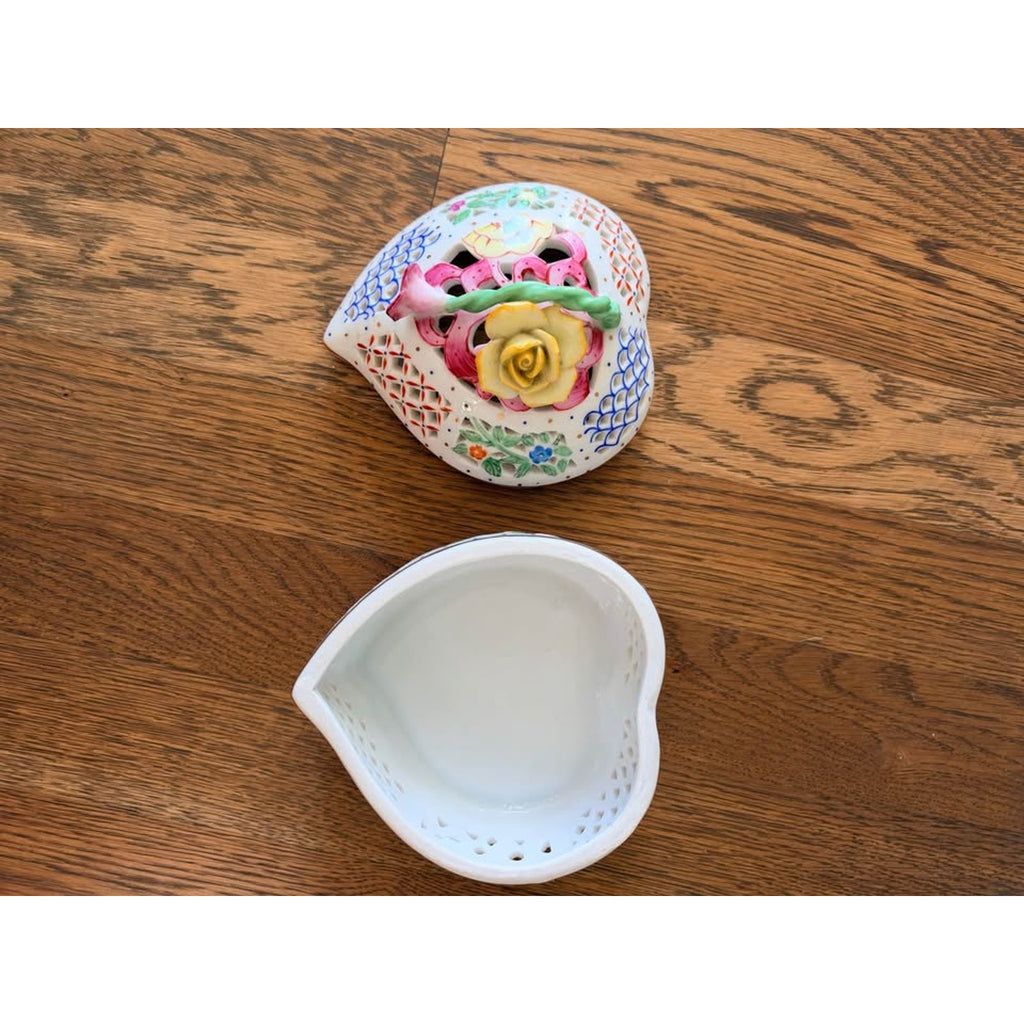 Vintage Reticulated Heart Shaped Porcelain Trinket Box