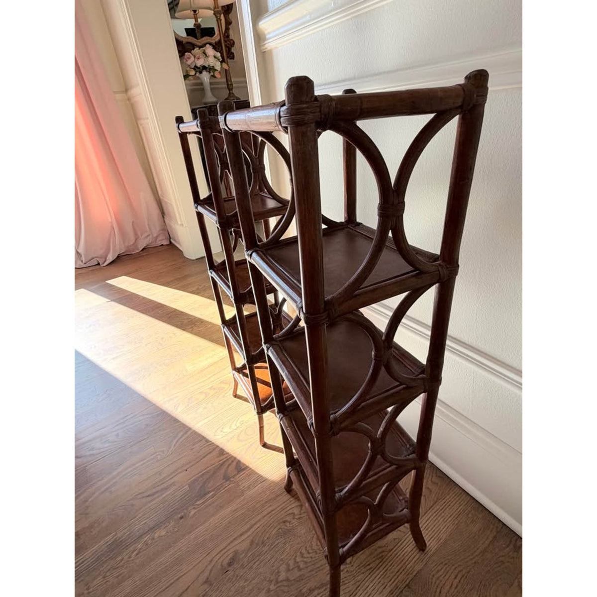 Pair of Vintage Bamboo Rattan Etagere Shelves 32 inch