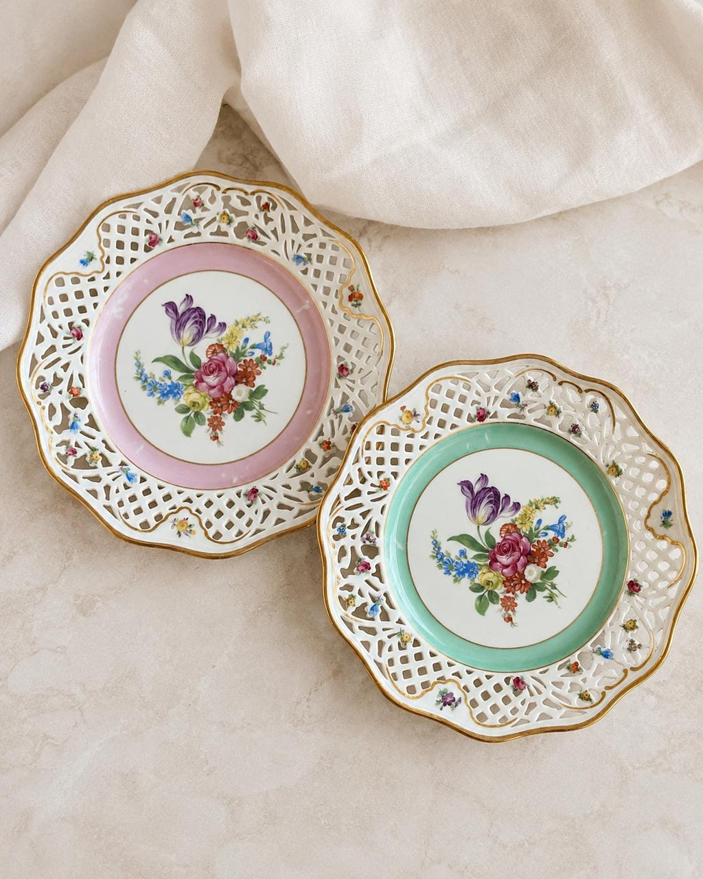 Pair of Vintage Schumann Bavaria Germany Reticulated Floral Plates