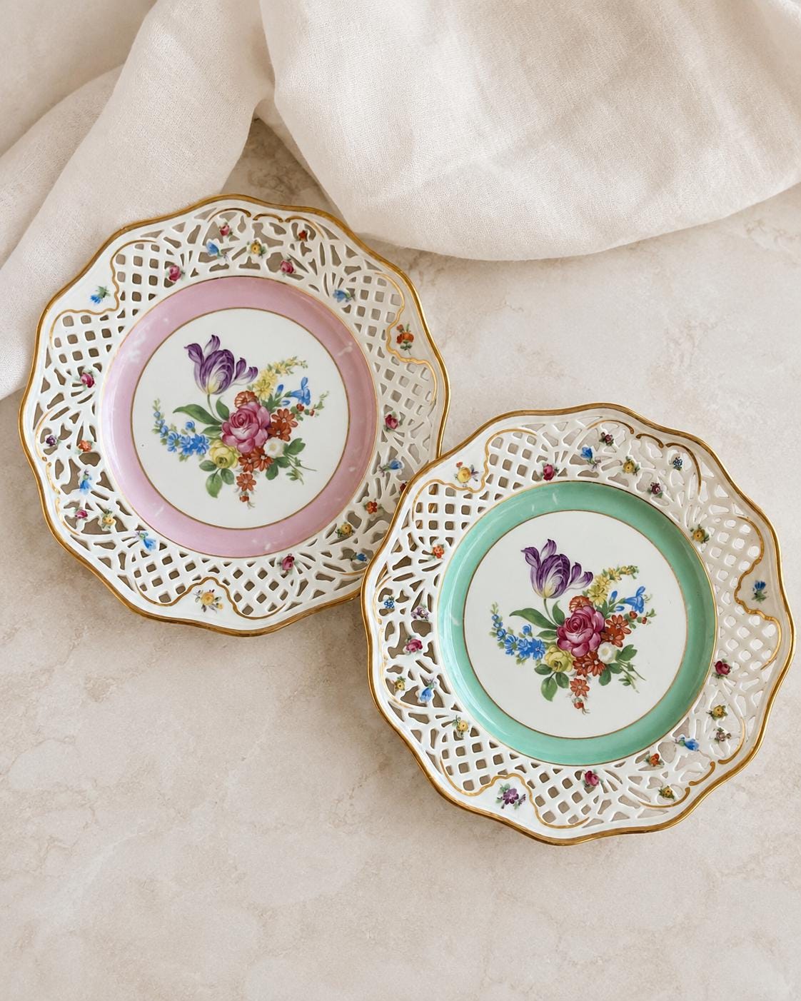 Pair of Vintage Schumann Bavaria Germany Reticulated Floral Plates