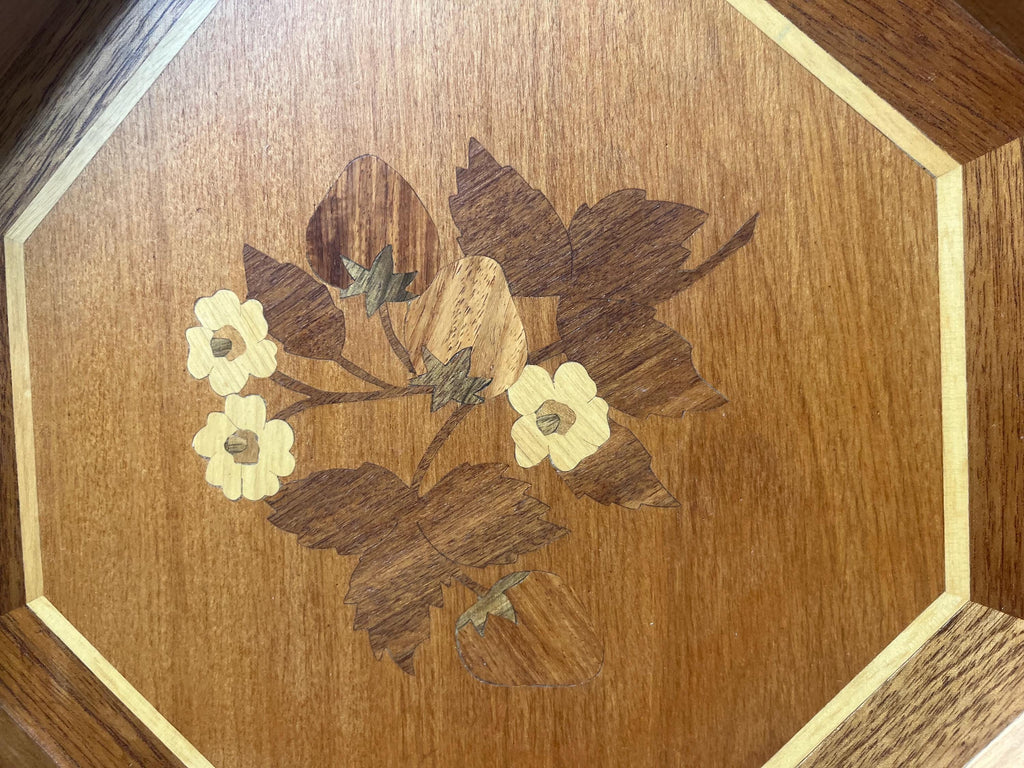 Vintage Strawberry Marquetry Wood Tray, 14” Octagonal