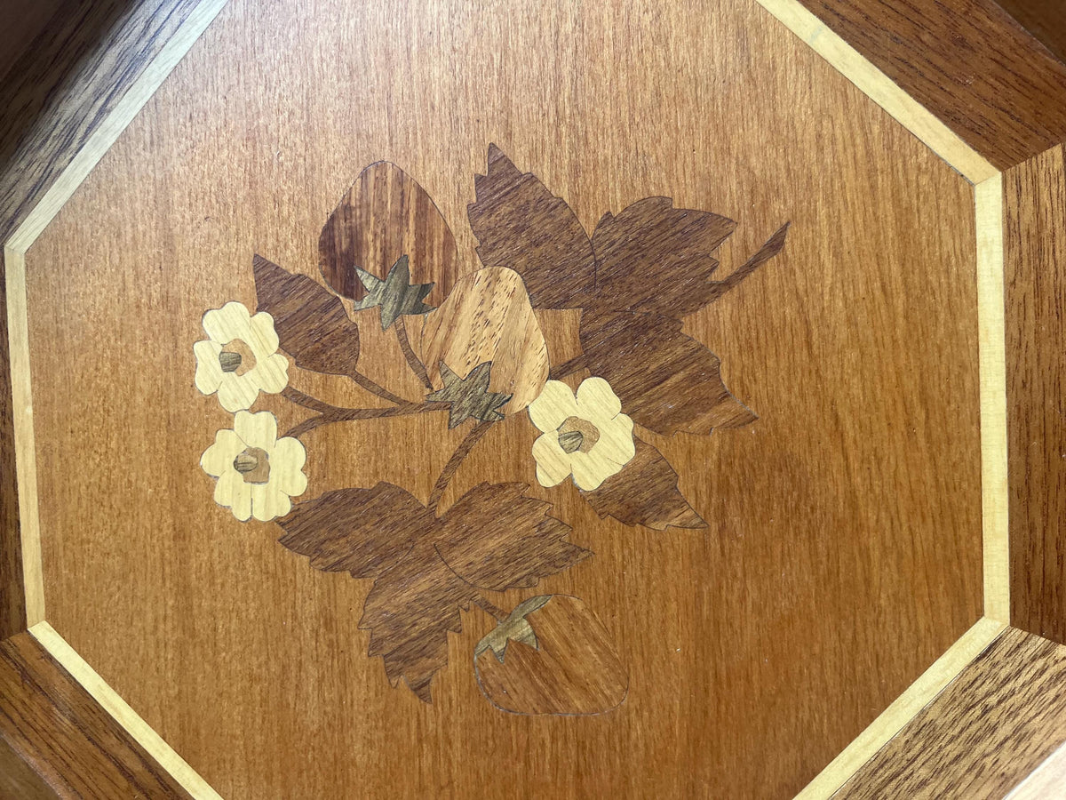 Vintage Strawberry Marquetry Wood Tray, 14” Octagonal