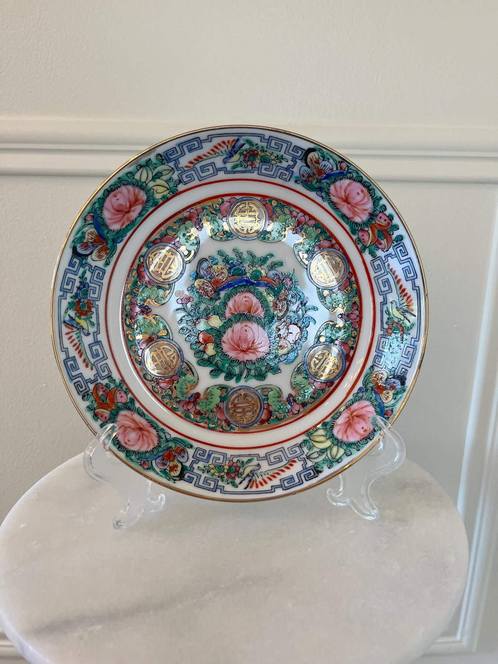 Rose Medallion Famille Rose Porcelain Bowl, Chinoiserie Floral Gilt Dish (7.5 Inch)