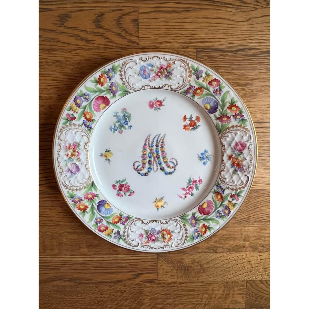 LARGE RARE PATTERN Dresden Schumann Bavaria Marie Antoinette Monogram Floral Cabinet Charge Plate