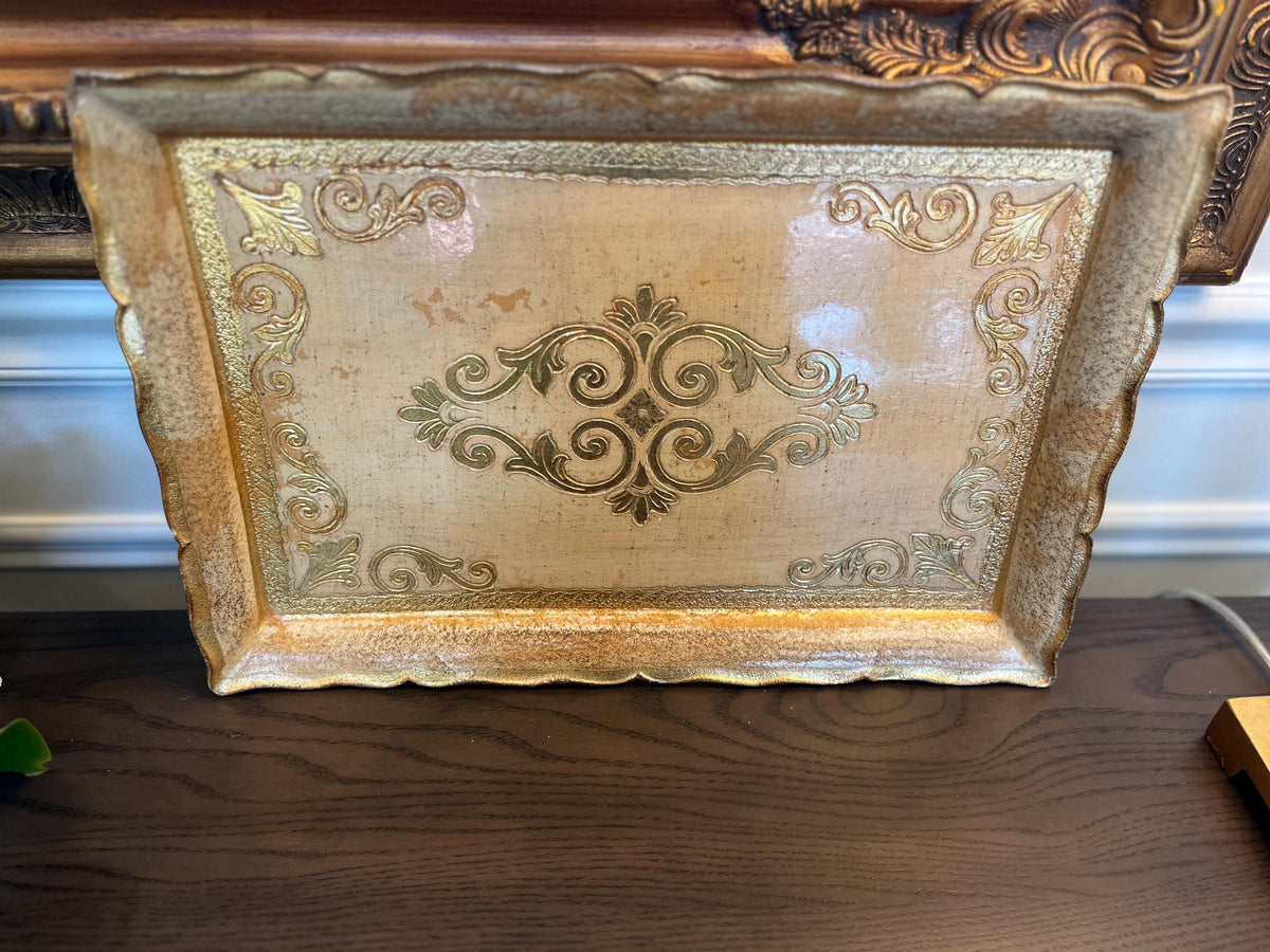 Vintage Florentine Style Gold White Decorative Tray
