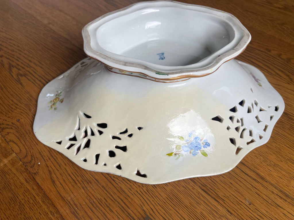 Antique Carl Thieme Dresden Porcelain Reticulated Compote Footed Bowl