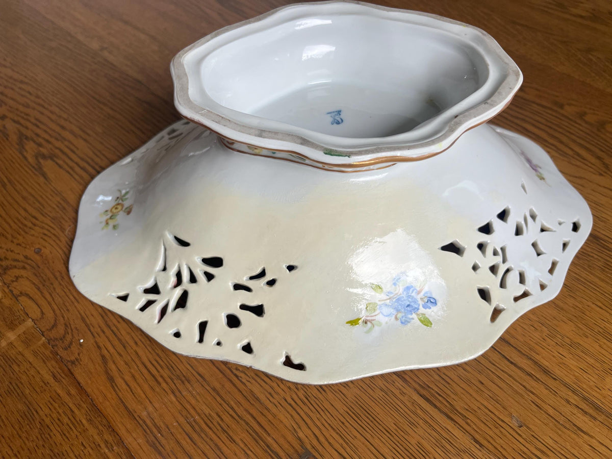 Antique Carl Thieme Dresden Porcelain Reticulated Compote Footed Bowl