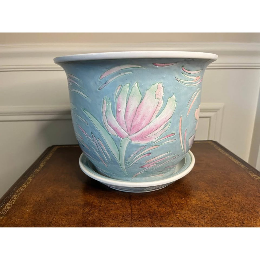 Vintage Pastel Blue Floral Ceramic Planter with Saucer
