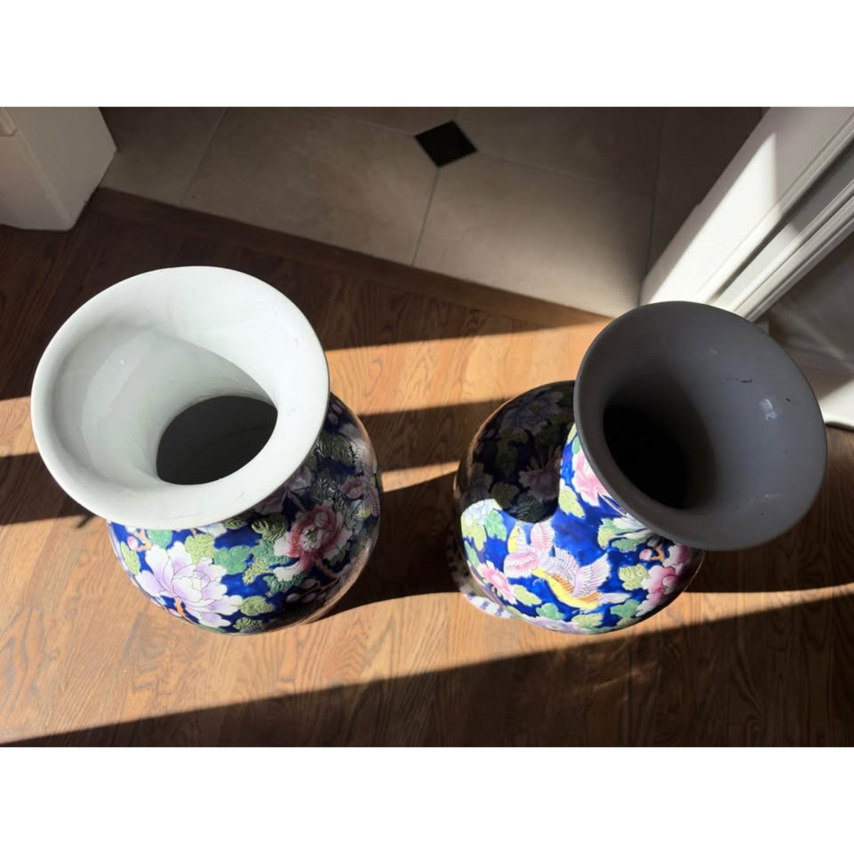 Pair of Chinese Cobalt Blue Porcelain Peony Bird Motif Fishtail Vases 25 inch