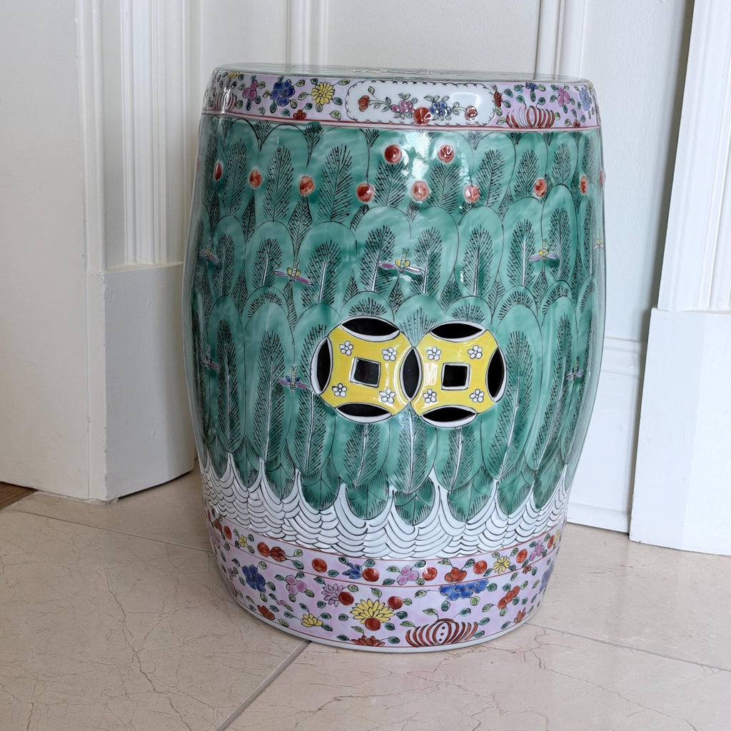 Chinese Famille Verte Bok Choy Garden Drum Stool with Coin Motif