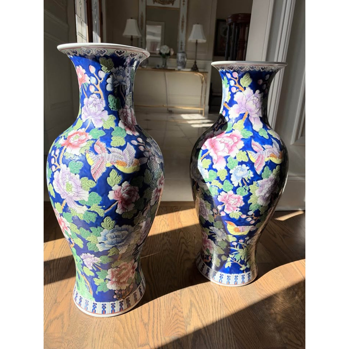 Pair of Chinese Cobalt Blue Porcelain Peony Bird Motif Fishtail Vases 25 inch