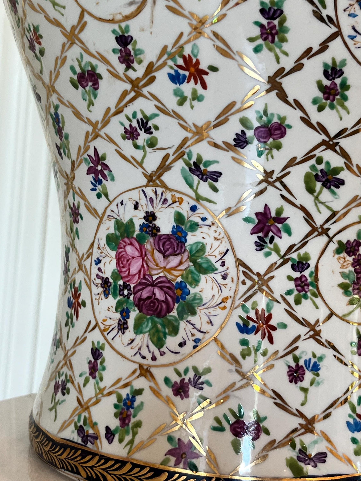 Large Hand-Painted Chinese Porcelain Floral Fish Tail Vase 15.5” French Style