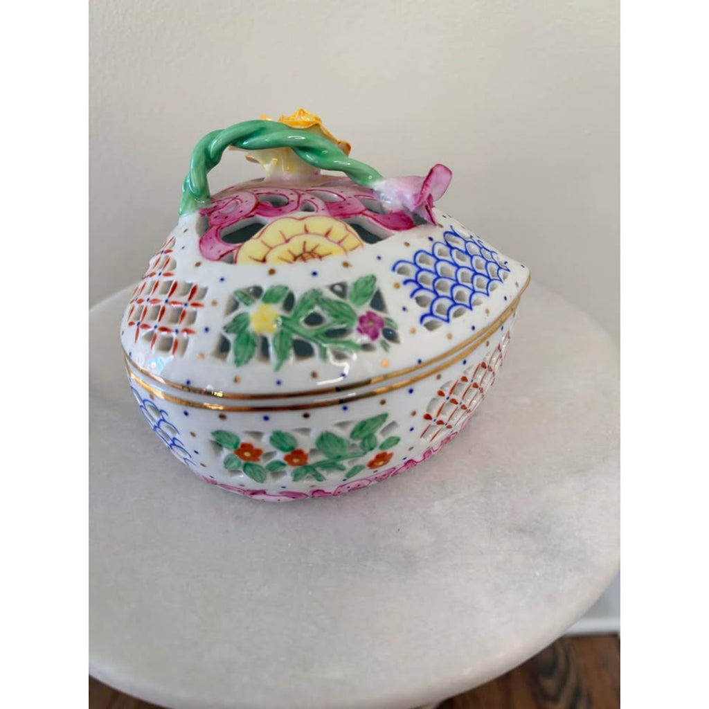 Vintage Reticulated Heart Shaped Porcelain Trinket Box