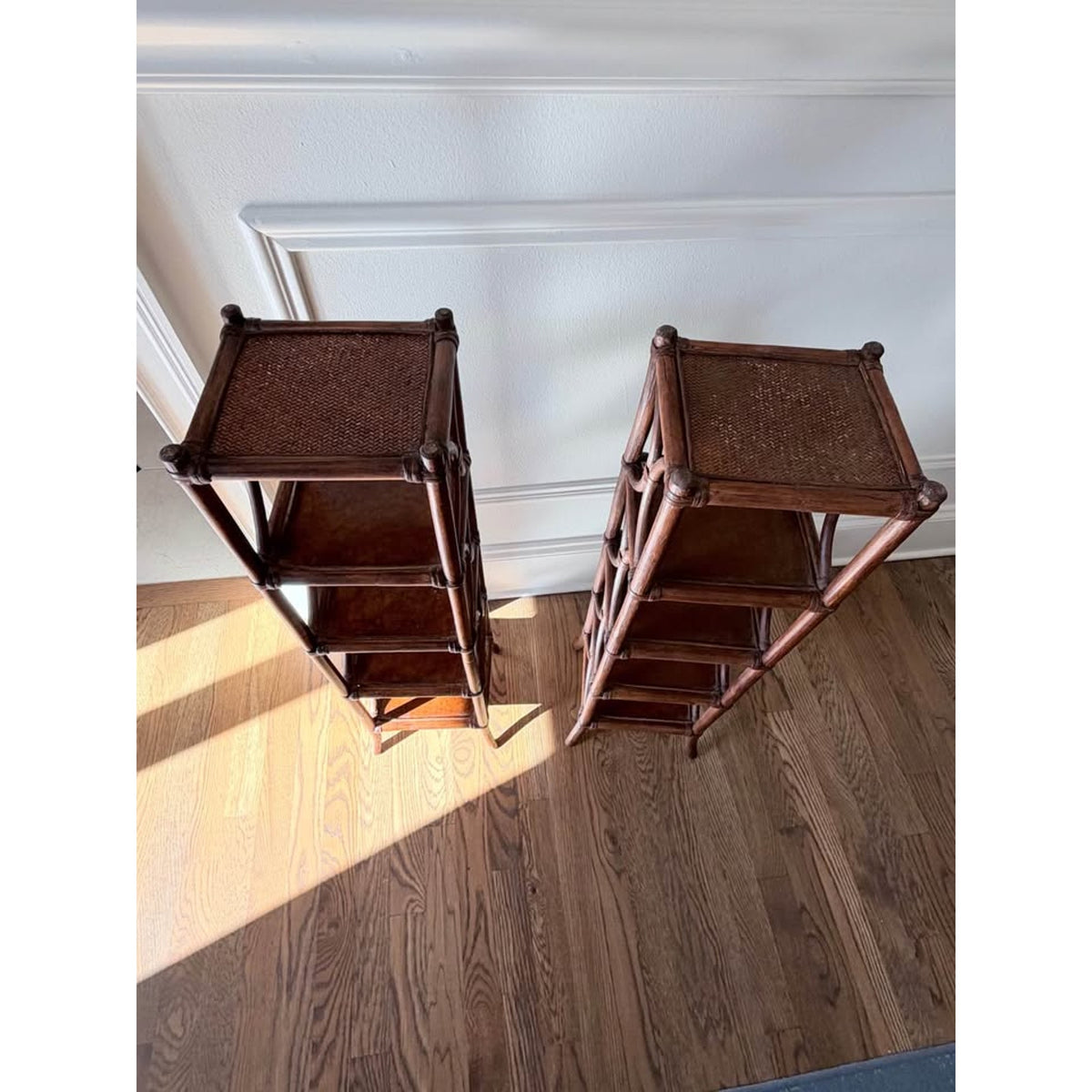 Pair of Vintage Bamboo Rattan Etagere Shelves 32 inch