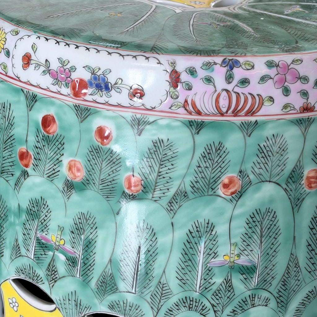 Chinese Famille Verte Bok Choy Garden Drum Stool with Coin Motif