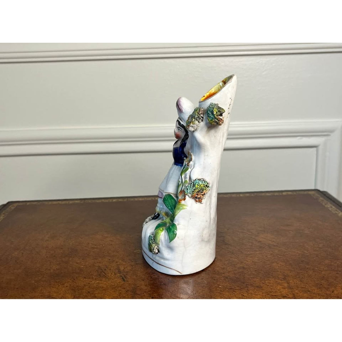 Antique 19th Century Staffordshire Girl Shepherdess & Sheep Spill Vase