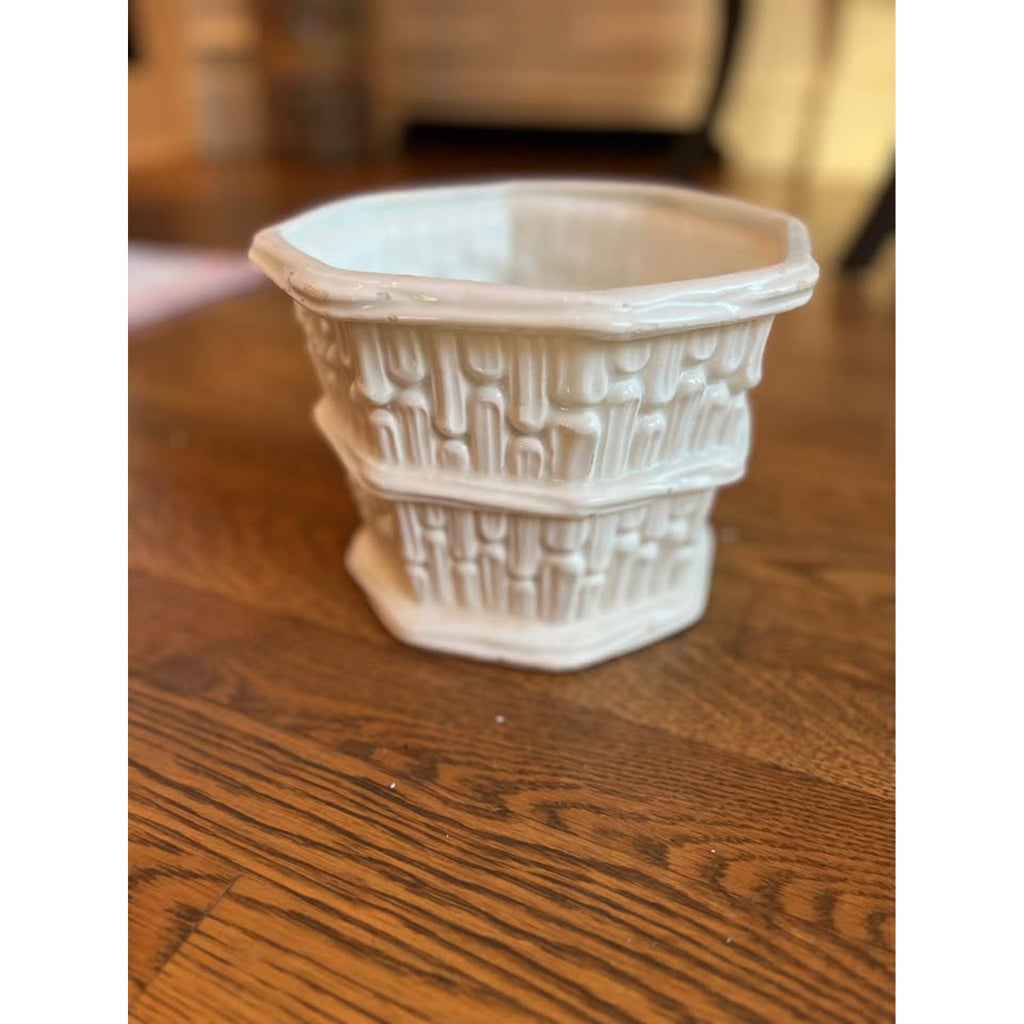 Vintage Bamboo Basketweave Banded Ceramic Planter Cachepot