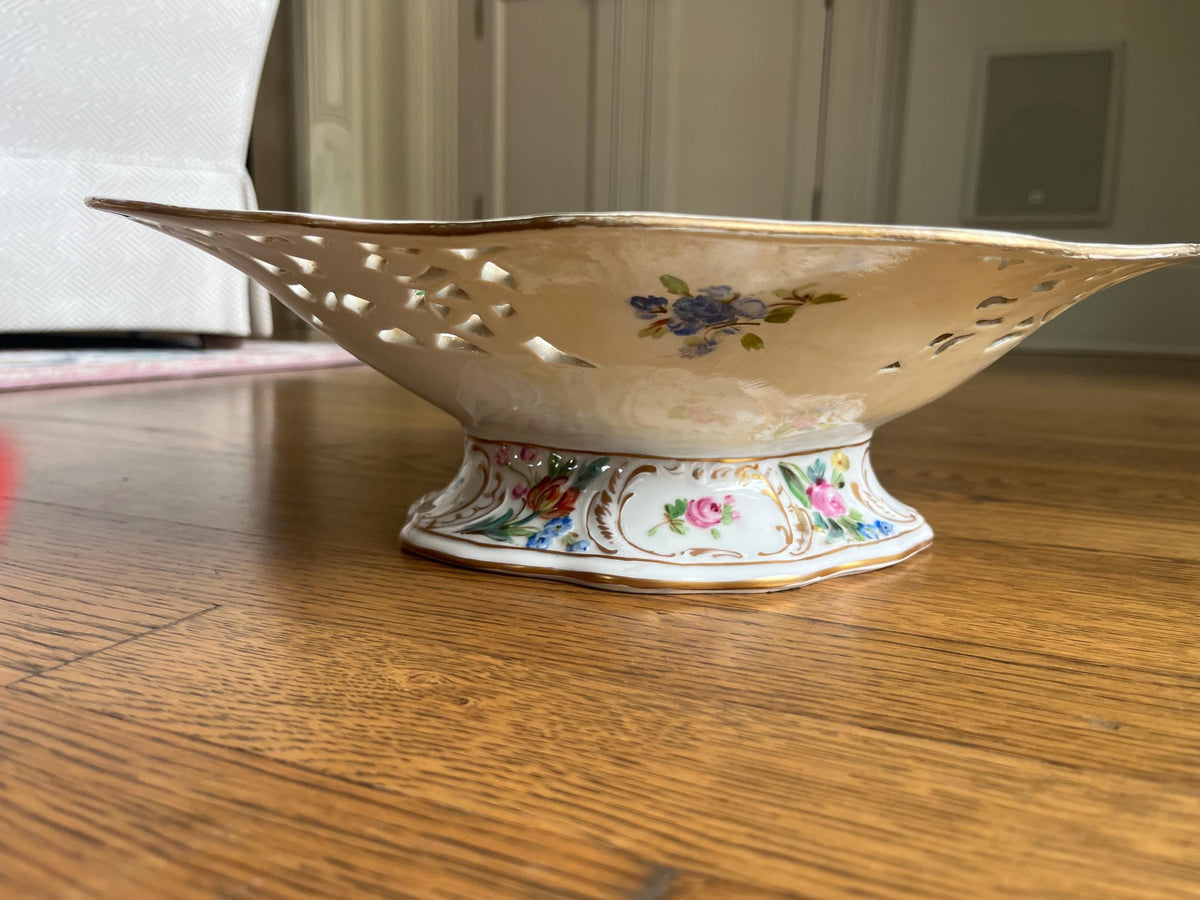 Antique Carl Thieme Dresden Porcelain Reticulated Compote Footed Bowl