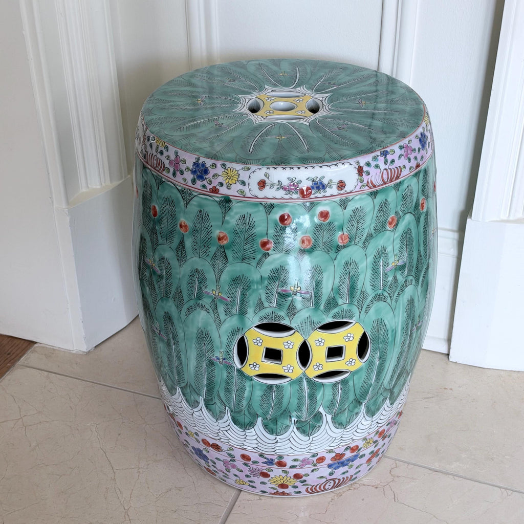Chinese Famille Verte Bok Choy Garden Drum Stool with Coin Motif