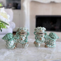 Teal and White Fishnet Fishscale Chinese Porcelain Foo Dog Figurine Pair Bookends