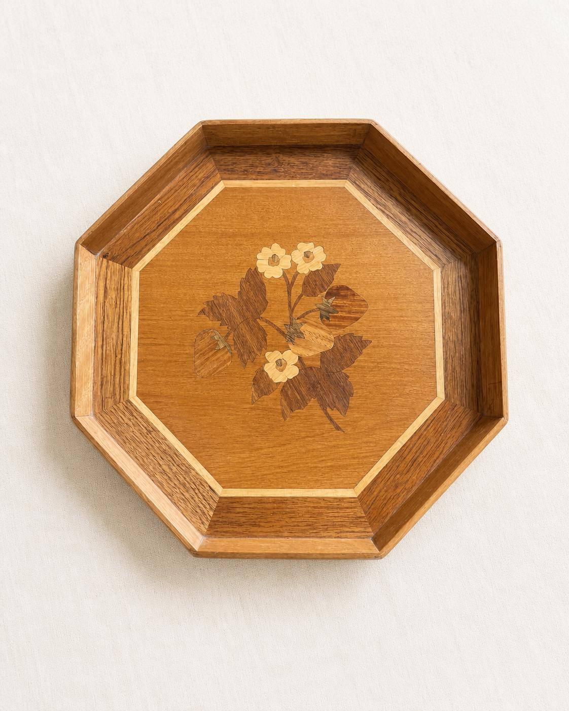 Vintage Strawberry Marquetry Wood Tray, 14” Octagonal