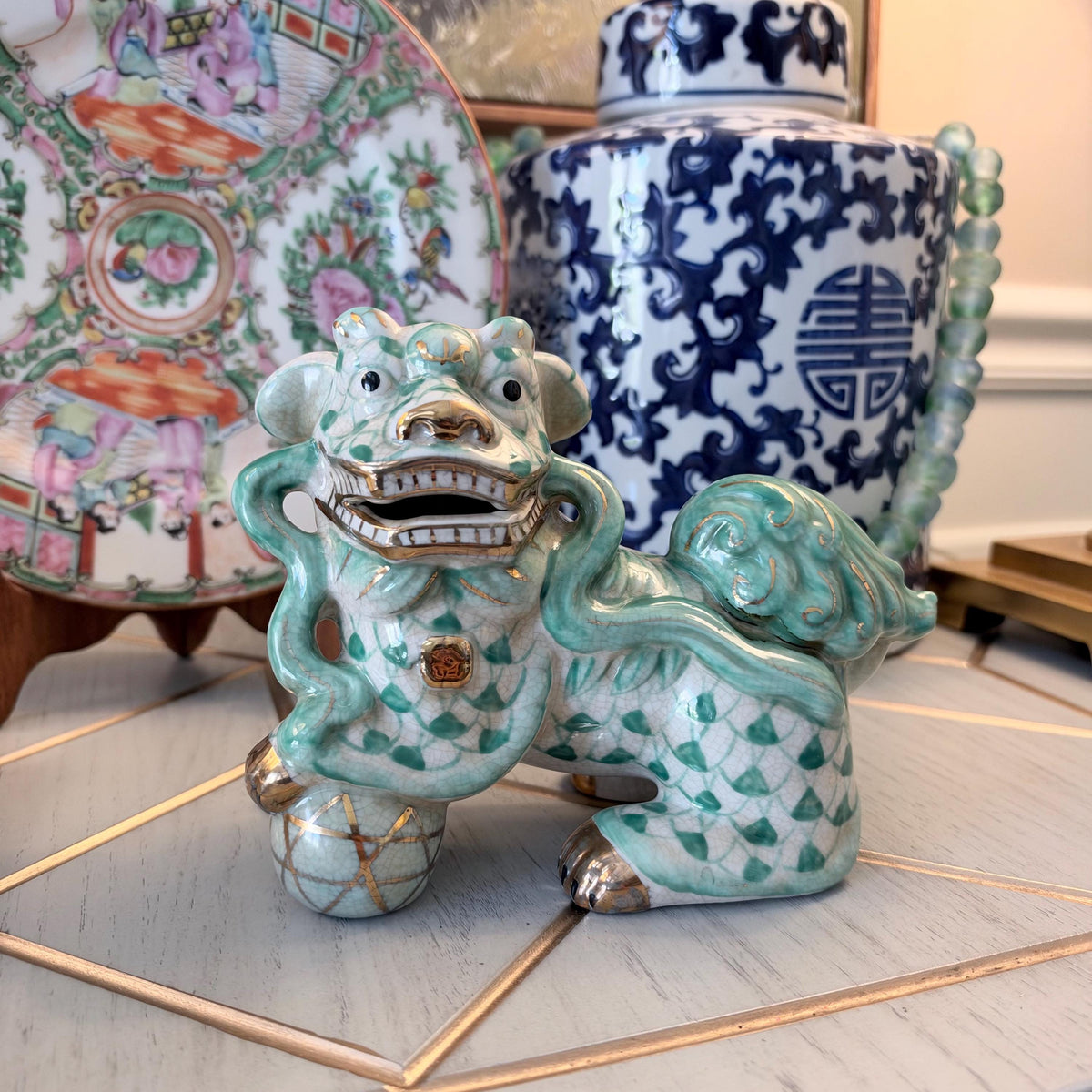 Teal and White Fishnet Fishscale Chinese Porcelain Foo Dog Figurine Pair Bookends