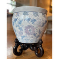 VERY LARGE Blue & White Chinoiserie Fishbowl Planter with Wood Stand