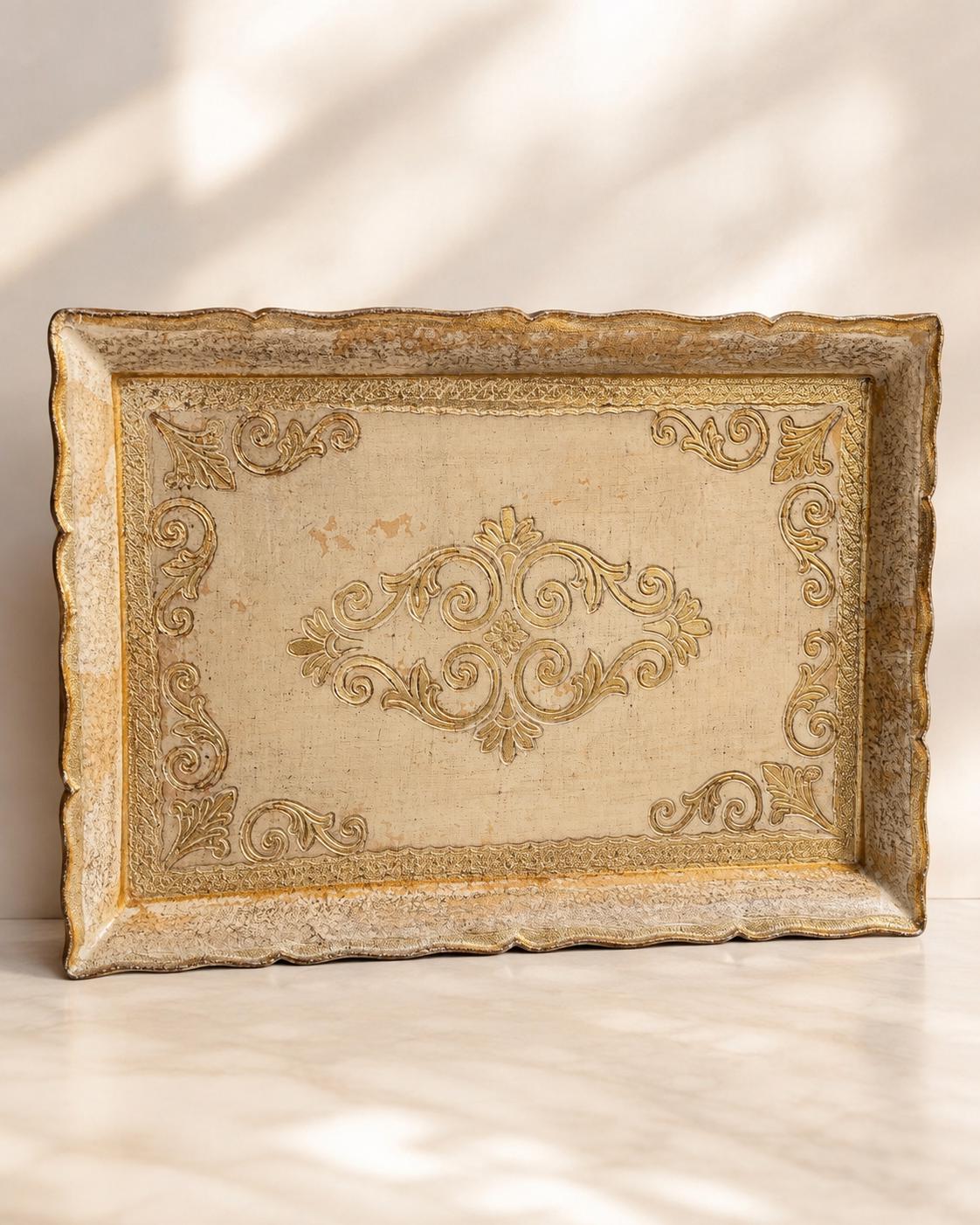 Vintage Florentine Style Gold White Decorative Tray