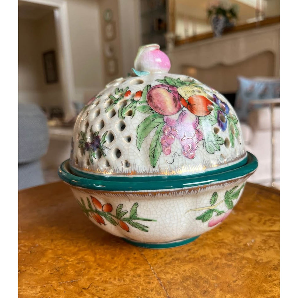 Vintage Chinoiserie Style Porcelain Potpourri Bowl with Fruit Pierced Lid