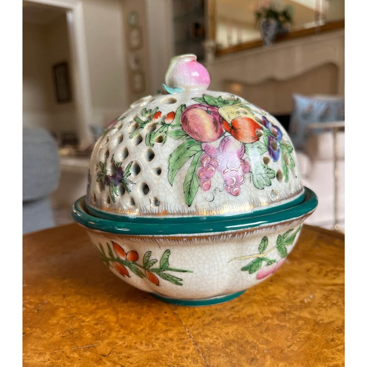 Vintage Chinoiserie Style Porcelain Potpourri Bowl with Fruit Pierced Lid