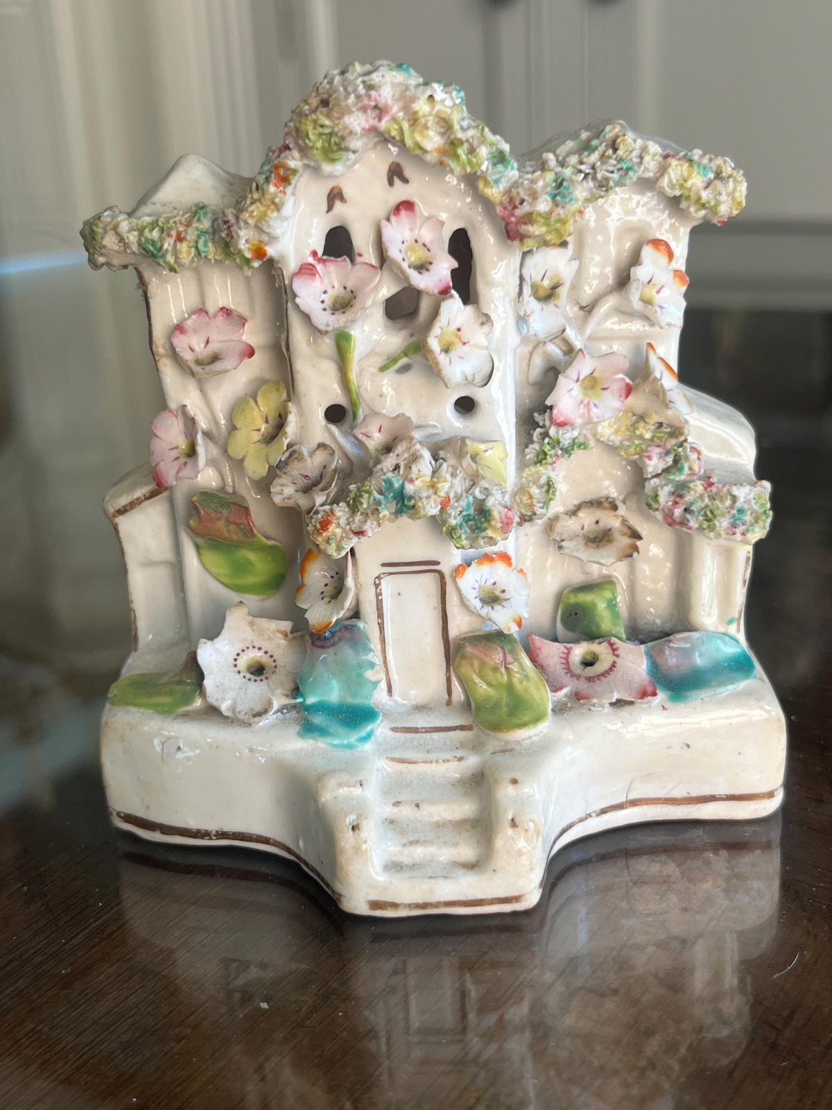 Antique Staffordshire Floral Cottage Pastille Burner, c. 1870