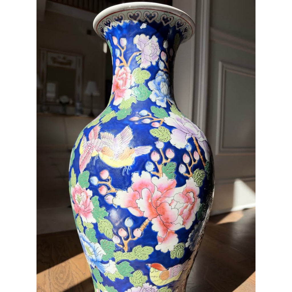 Pair of Chinese Cobalt Blue Porcelain Peony Bird Motif Fishtail Vases 25 inch