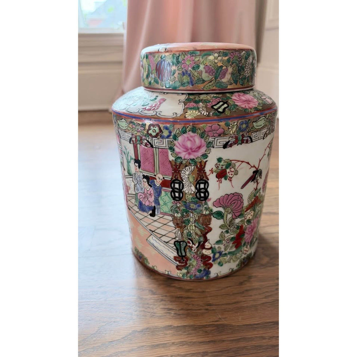 Vintage Chinese Rose Medallion Lidded Porcelain Ginger Jar – 10”