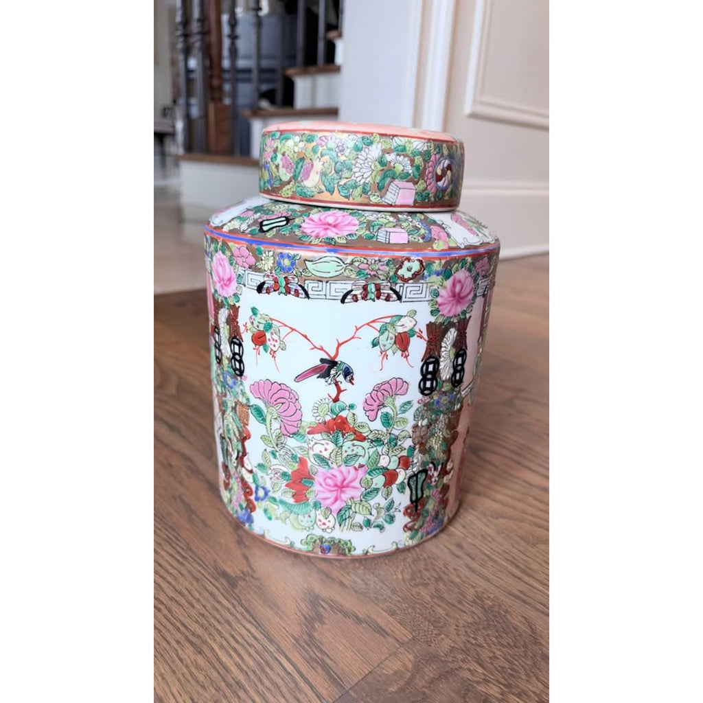 Vintage Chinese Rose Medallion Lidded Porcelain Ginger Jar – 10”