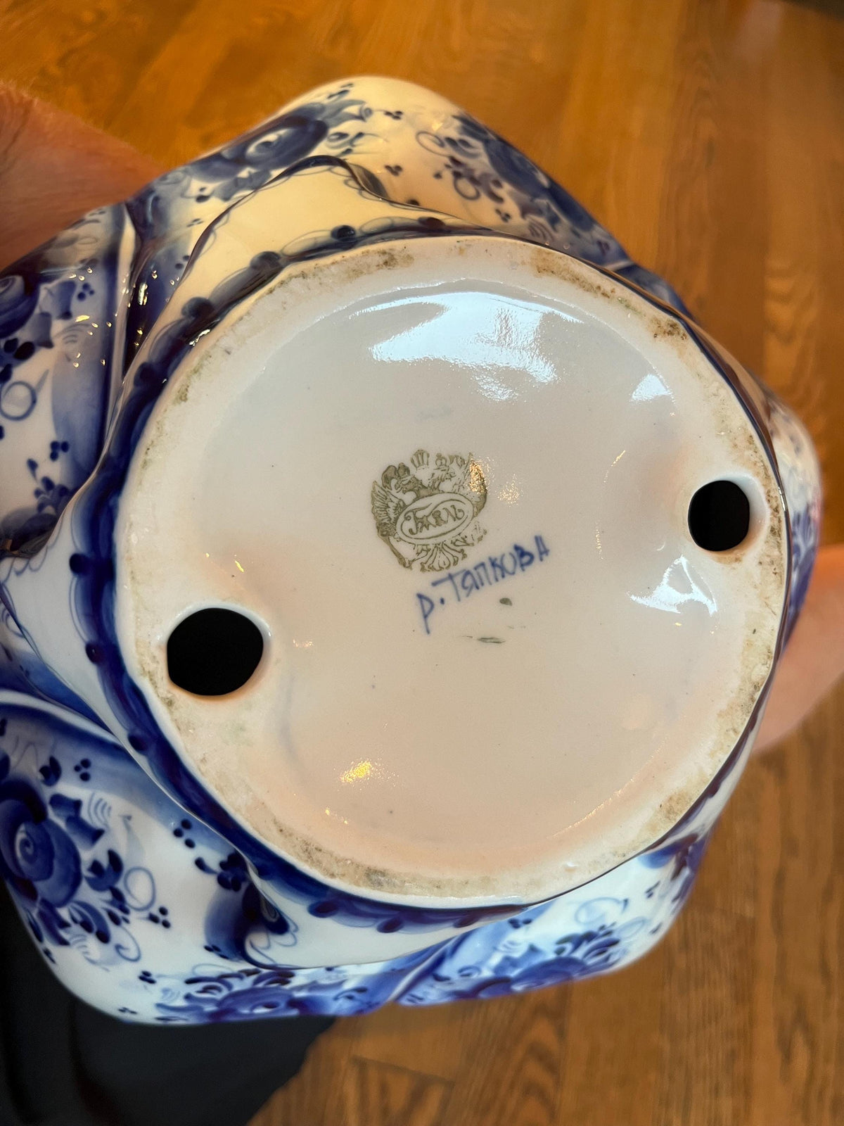 Vintage Russian Gzhel Porcelain Bowl | Hand-Painted Dancing Women, Blue Floral (12 Inch)
